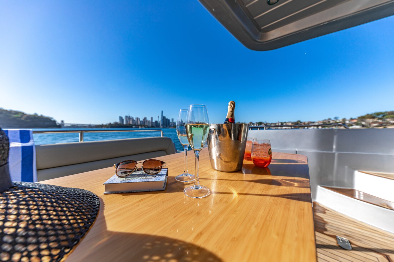 Wine and fruit platter served on the teak deck of MV Sunseeker