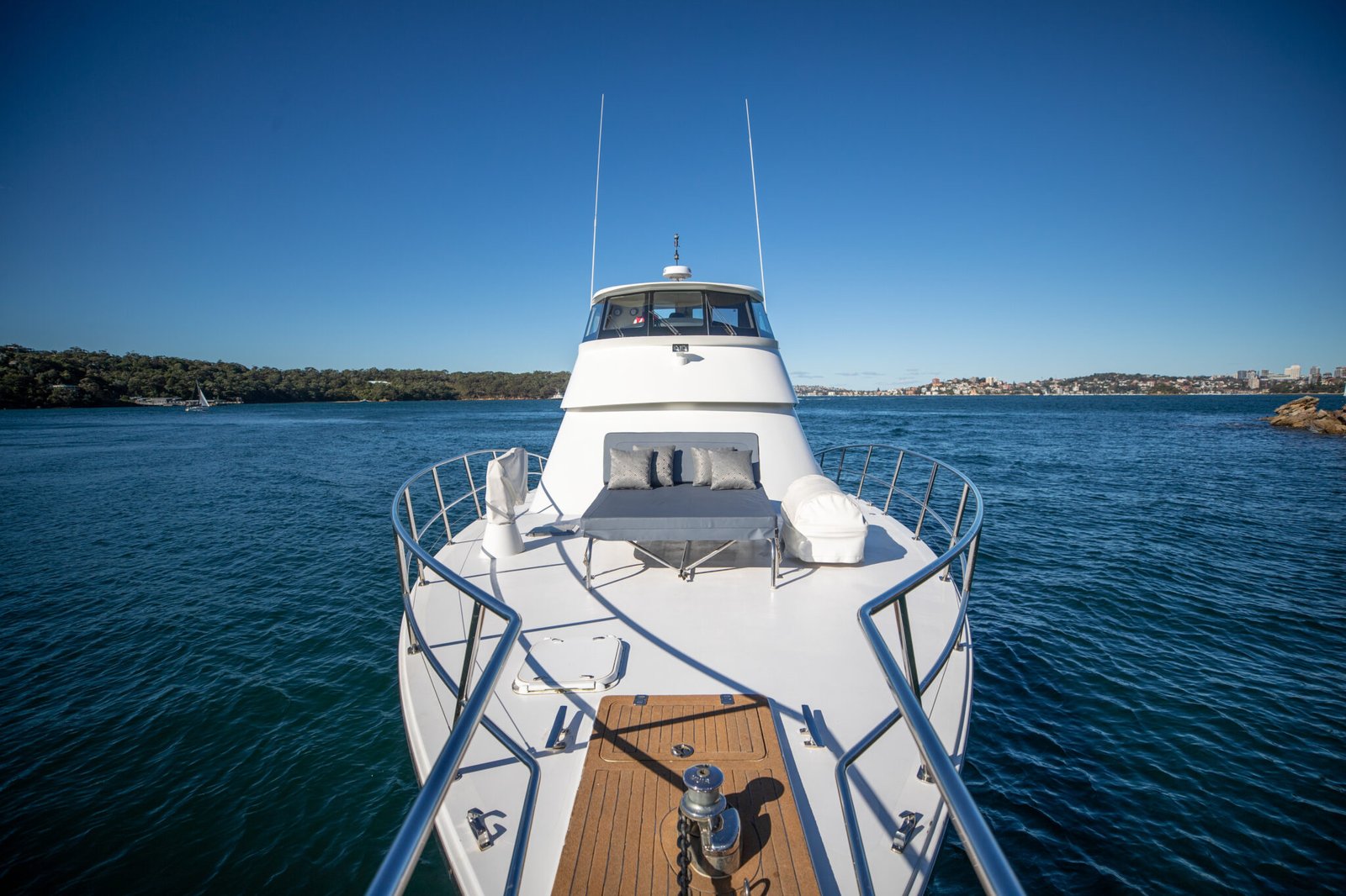 Bow view from MV State of the art as it sails through Sydney Harbour.