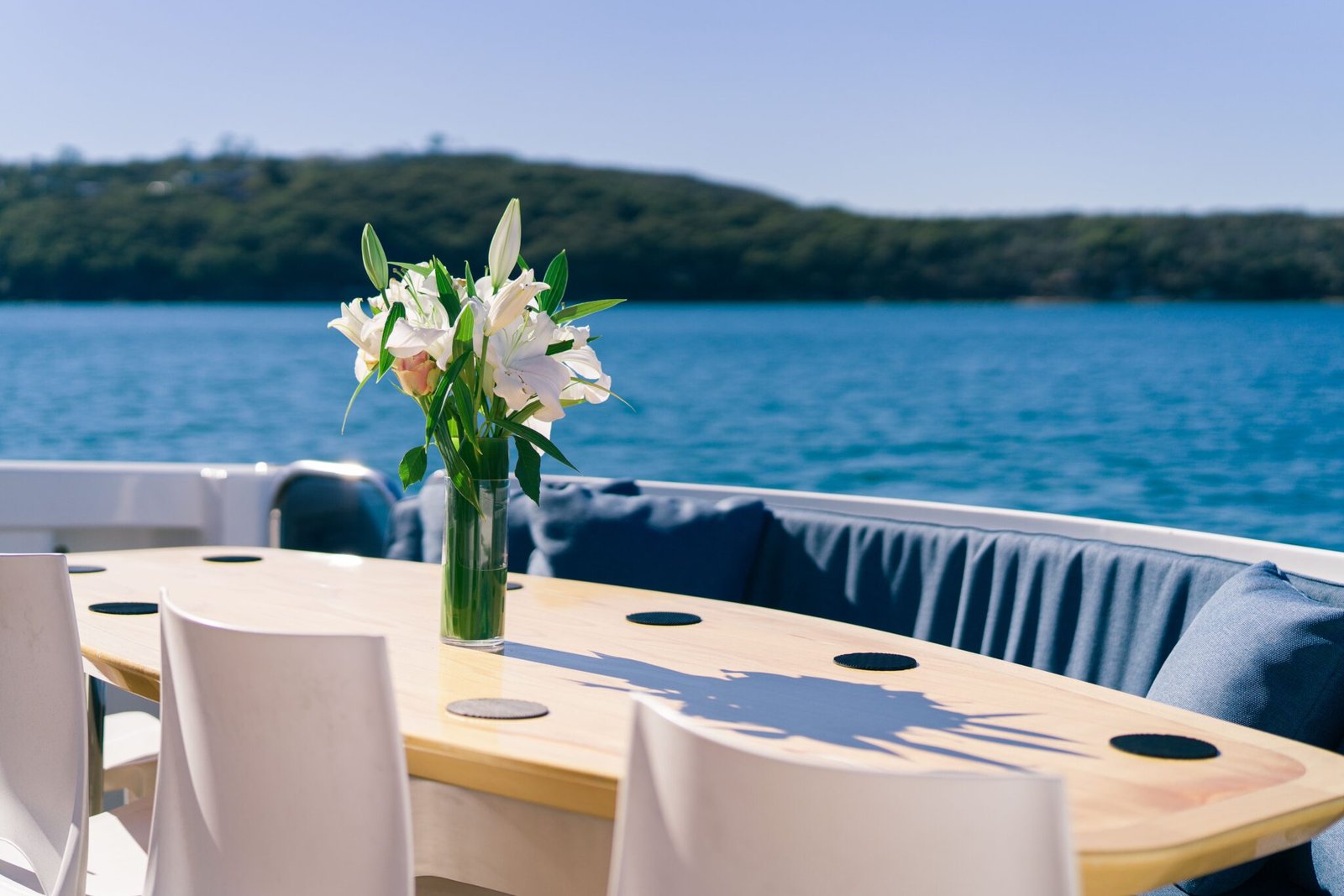 Fresh floral table setup on board MV State of the art.
